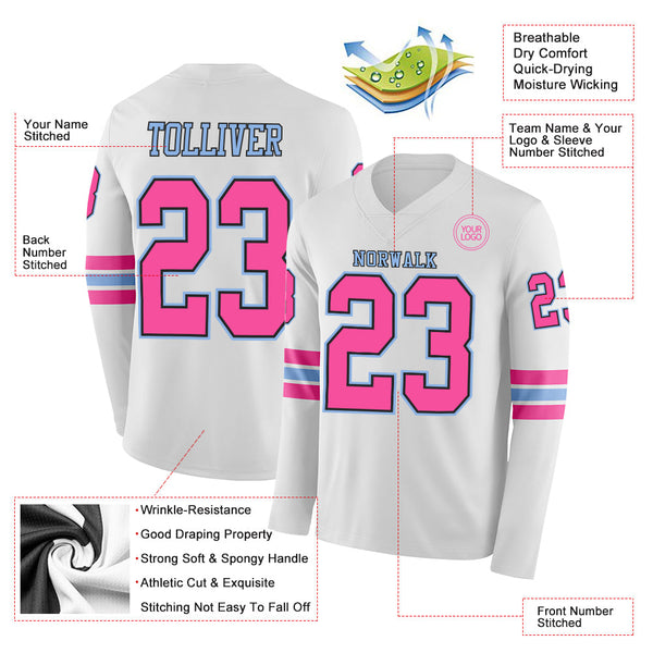 Custom White Pink Black-Light Blue Long Sleeve Authentic Football Jersey alternate