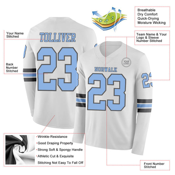 Custom White Light Blue-Steel Gray Long Sleeve Authentic Football Jersey alternate
