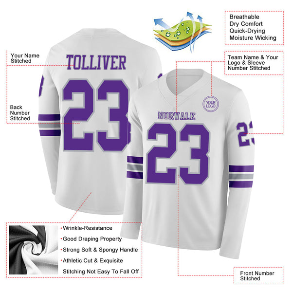 Custom White Purple-Gray Long Sleeve Authentic Football Jersey alternate