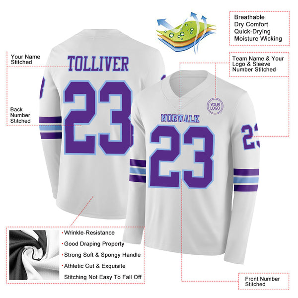 Custom White Purple-Light Blue Long Sleeve Authentic Football Jersey alternate