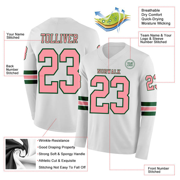 Custom White Medium Pink-Green Long Sleeve Authentic Football Jersey alternate