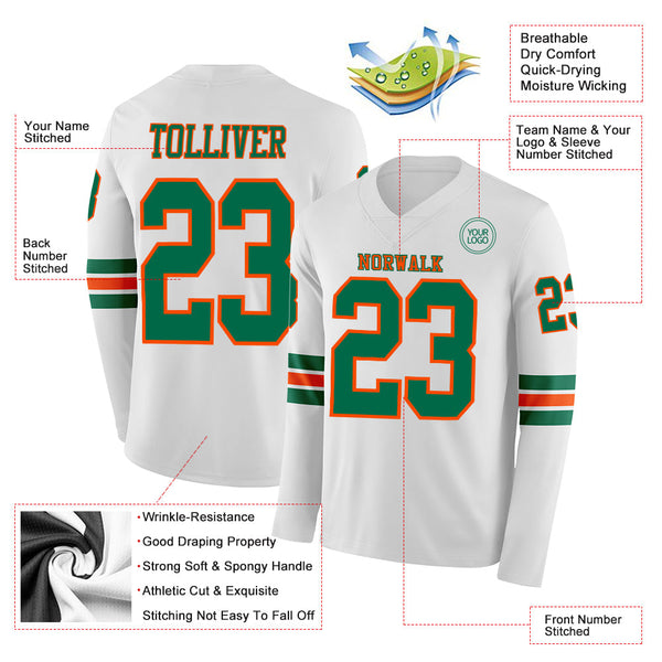 Custom White Kelly Green-Orange Long Sleeve Authentic Football Jersey alternate