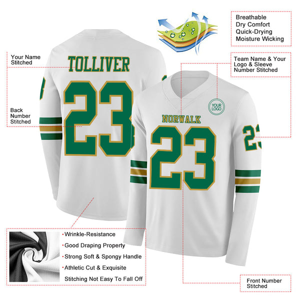 Custom White Kelly Green-Old Gold Long Sleeve Authentic Football Jersey alternate