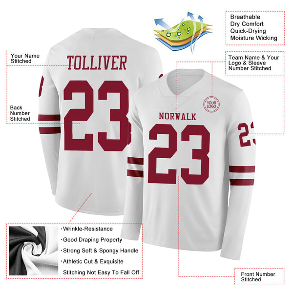 Custom White Crimson Long Sleeve Authentic Football Jersey alternate