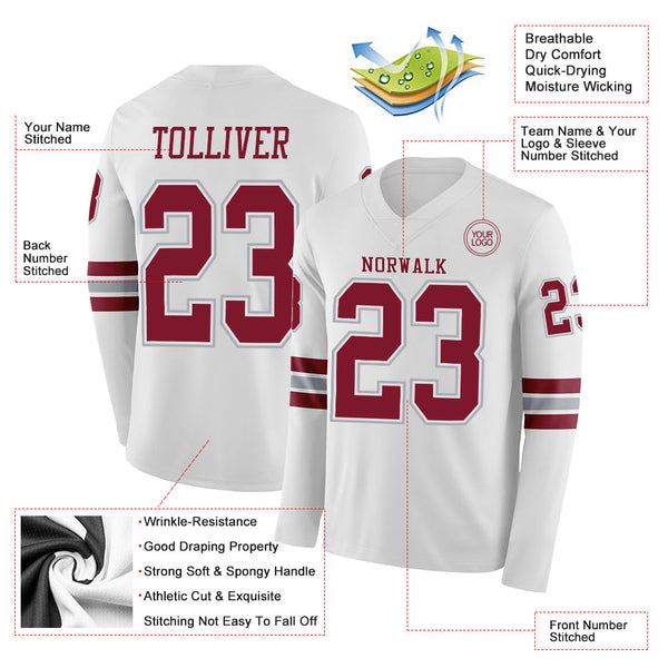 Custom White Crimson-Gray Long Sleeve Authentic Football Jersey alternate