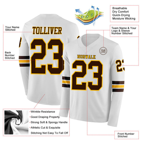 Custom White Brown-Gold Long Sleeve Authentic Football Jersey alternate