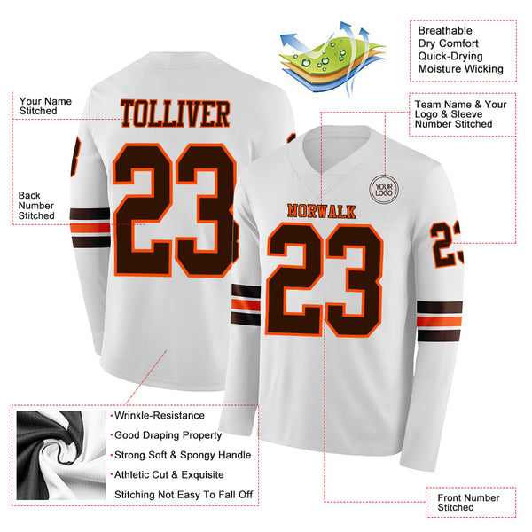 Custom White Brown-Orange Long Sleeve Authentic Football Jersey alternate