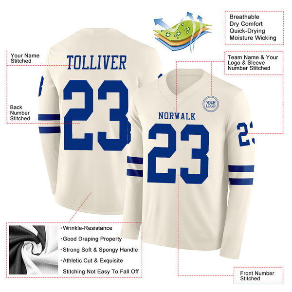 Custom Cream Royal Long Sleeve Authentic Football Jersey alternate