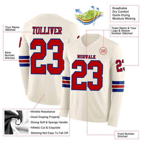 Custom Cream Red-Royal Long Sleeve Authentic Football Jersey alternate