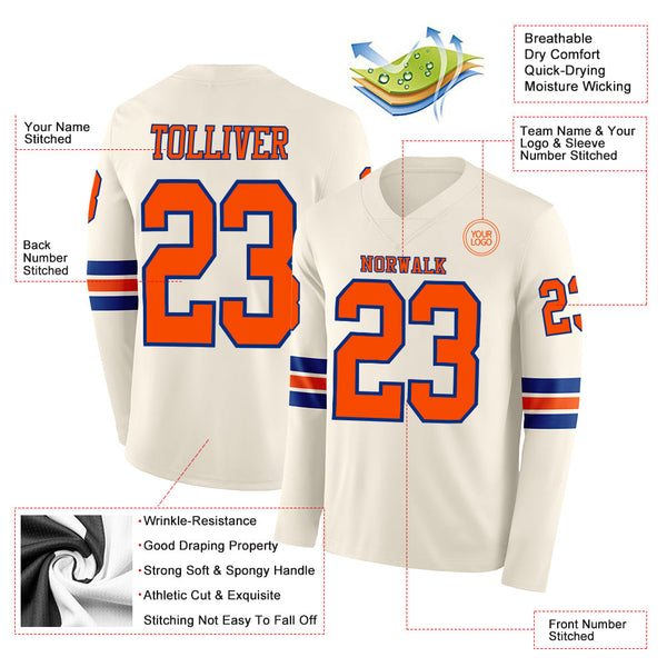 Custom Cream Orange-Royal Long Sleeve Authentic Football Jersey alternate