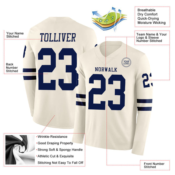 Custom Cream Navy Long Sleeve Authentic Football Jersey alternate