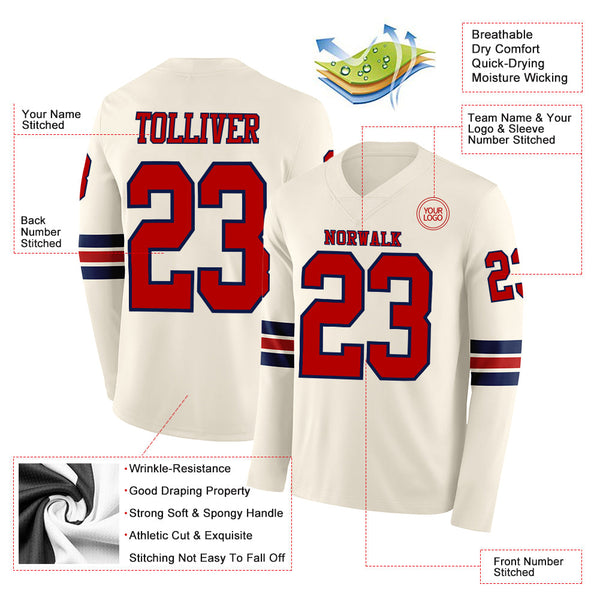Custom Cream Red-Navy Long Sleeve Authentic Football Jersey alternate