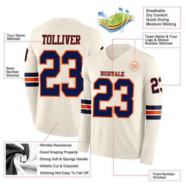 Custom Cream Navy-Orange Long Sleeve Authentic Football Jersey alternate