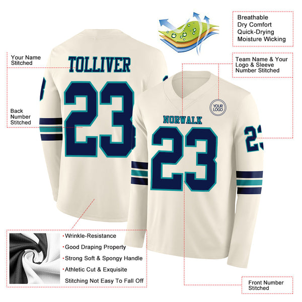 Custom Cream Navy-Teal Long Sleeve Authentic Football Jersey alternate