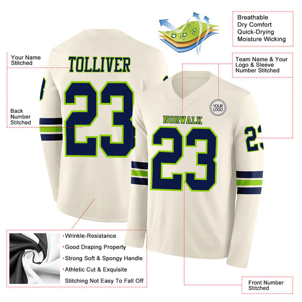 Custom Cream Navy-Neon Green Long Sleeve Authentic Football Jersey alternate
