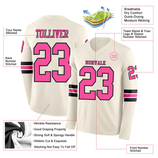 Custom Cream Pink-Black Long Sleeve Authentic Football Jersey alternate