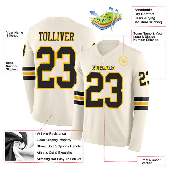 Custom Cream Black-Gold Long Sleeve Authentic Football Jersey alternate