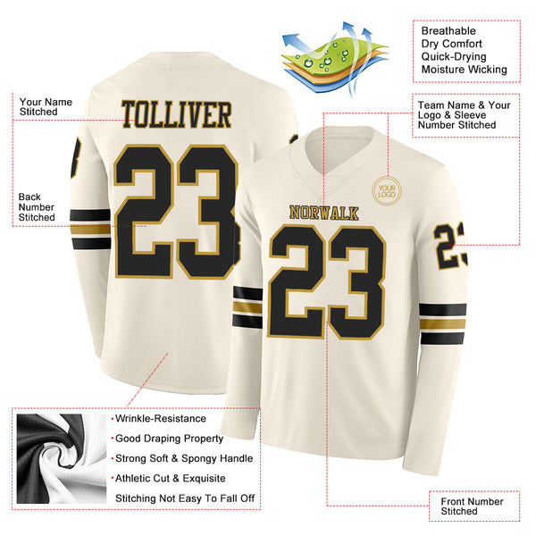 Custom Cream Black-Old Gold Long Sleeve Authentic Football Jersey alternate