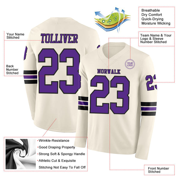 Custom Cream Purple-Black Long Sleeve Authentic Football Jersey alternate