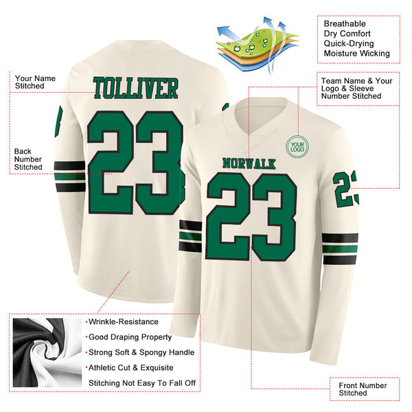 Custom Cream Kelly Green-Black Long Sleeve Authentic Football Jersey alternate