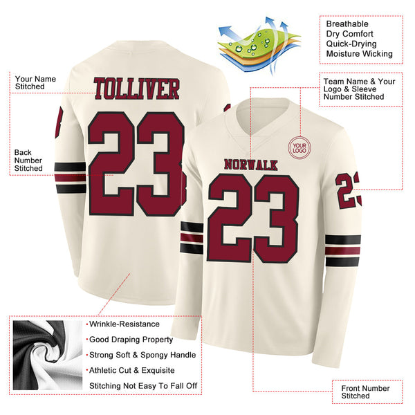 Custom Cream Crimson-Black Long Sleeve Authentic Football Jersey alternate