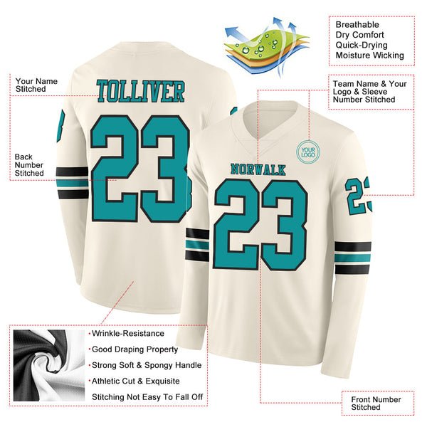 Custom Cream Teal-Black Long Sleeve Authentic Football Jersey alternate