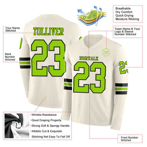 Custom Cream Neon Green-Black Long Sleeve Authentic Football Jersey alternate