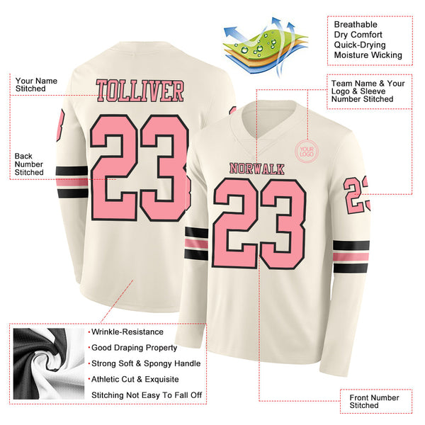 Custom Cream Medium Pink-Black Long Sleeve Authentic Football Jersey alternate