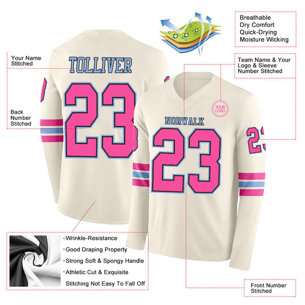 Custom Cream Pink Black-Light Blue Long Sleeve Authentic Football Jersey alternate