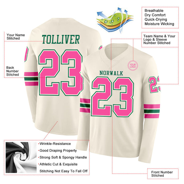 Custom Cream Pink-Kelly Green Long Sleeve Authentic Football Jersey alternate