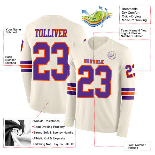 Custom Cream Purple-Orange Long Sleeve Authentic Football Jersey alternate