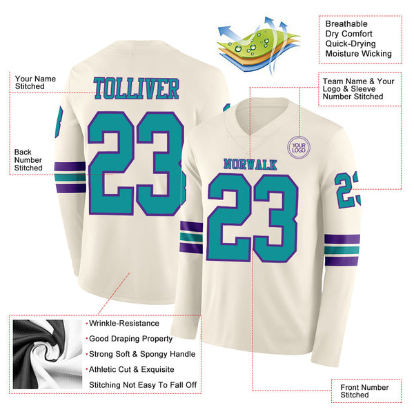 Custom Cream Teal-Purple Long Sleeve Authentic Football Jersey alternate