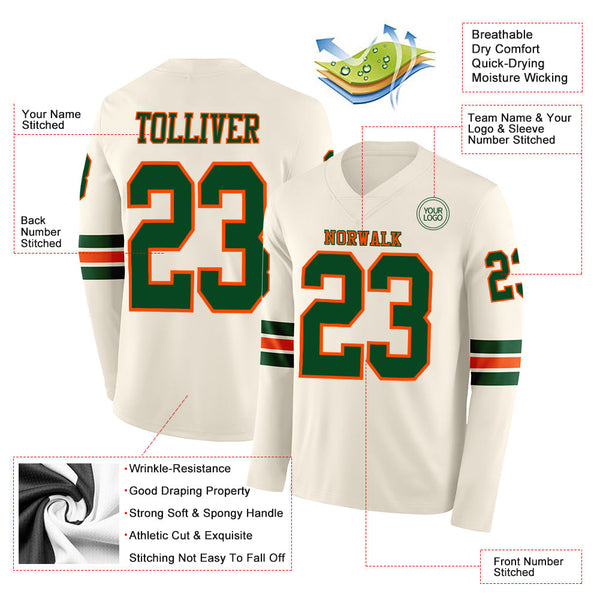 Custom Cream Green-Orange Long Sleeve Authentic Football Jersey alternate