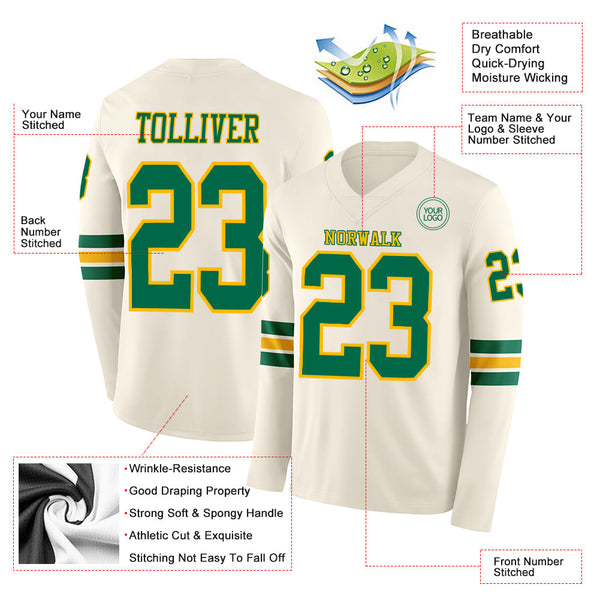 Custom Cream Kelly Green-Gold Long Sleeve Authentic Football Jersey alternate