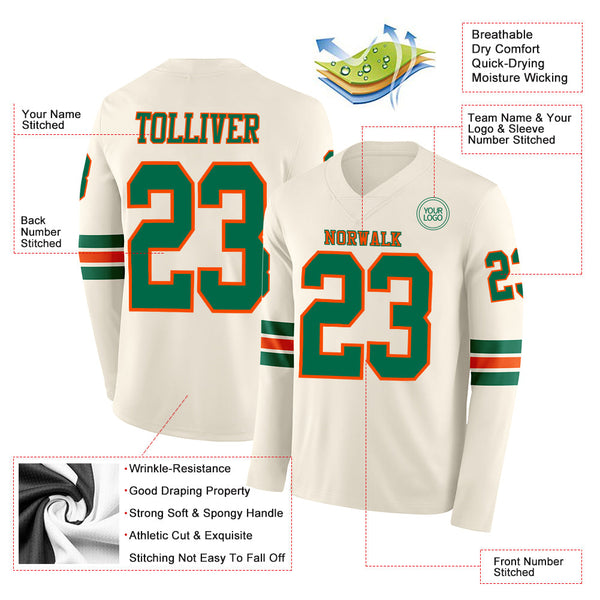 Custom Cream Kelly Green-Orange Long Sleeve Authentic Football Jersey alternate