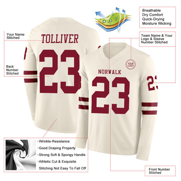 Custom Cream Crimson Long Sleeve Authentic Football Jersey alternate