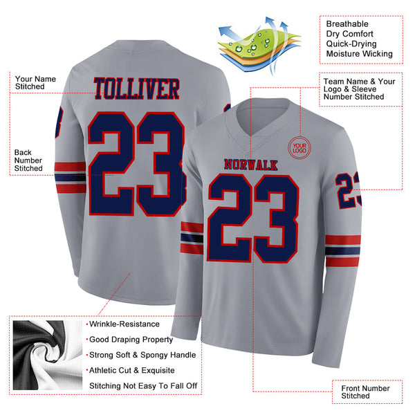 Custom Gray Navy-Red Long Sleeve Authentic Football Jersey alternate