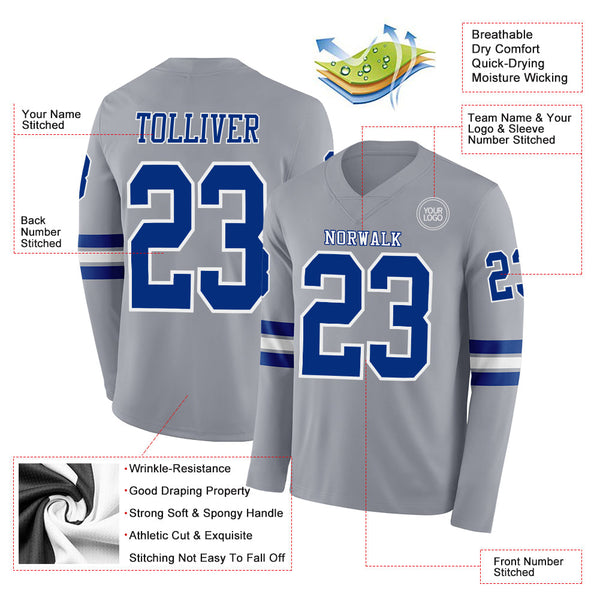 Custom Gray Royal-White Long Sleeve Authentic Football Jersey alternate