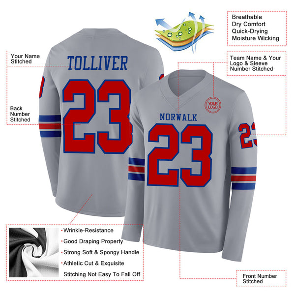 Custom Gray Red-Royal Long Sleeve Authentic Football Jersey alternate