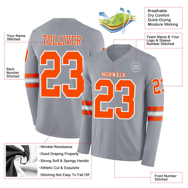 Custom Gray Orange-White Long Sleeve Authentic Football Jersey alternate