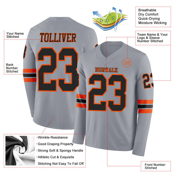 Custom Gray Black-Orange Long Sleeve Authentic Football Jersey alternate