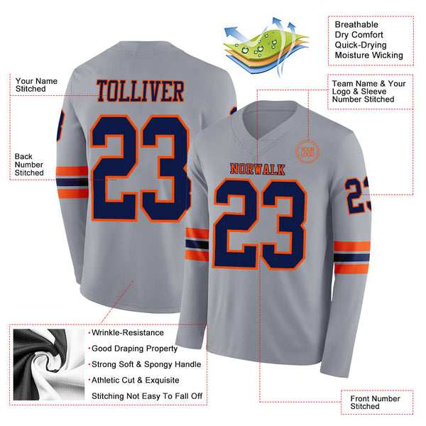 Custom Gray Navy-Orange Long Sleeve Authentic Football Jersey alternate