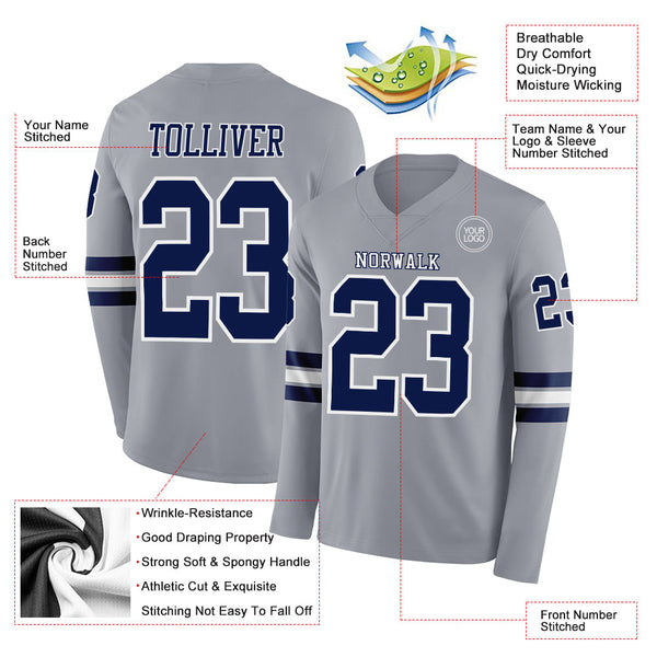 Custom Gray Navy-White Long Sleeve Authentic Football Jersey alternate