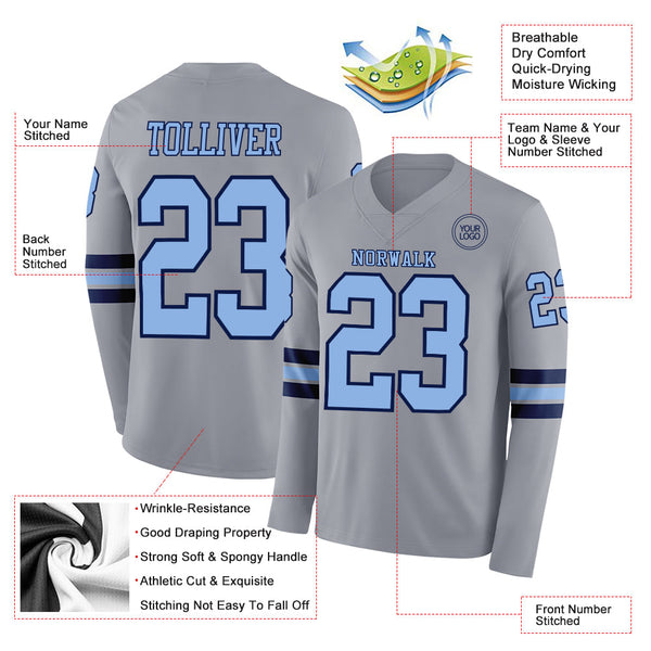 Custom Gray Light Blue-Navy Long Sleeve Authentic Football Jersey alternate