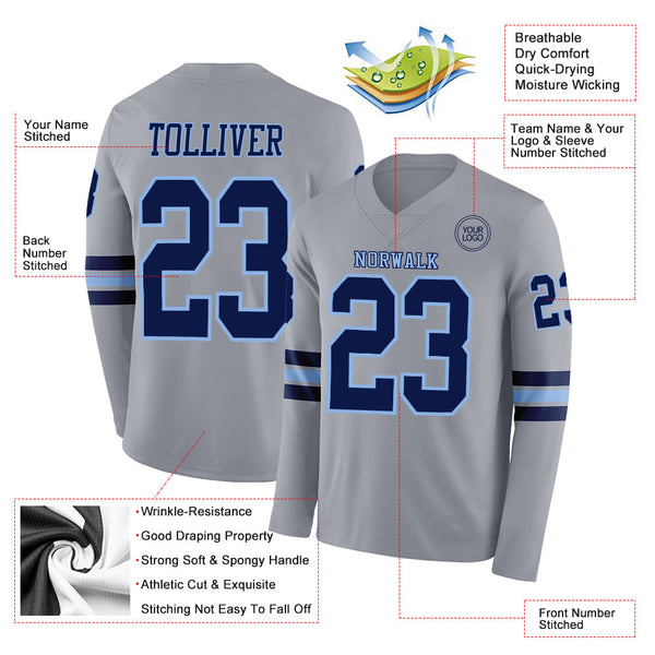 Custom Gray Navy-Light Blue Long Sleeve Authentic Football Jersey alternate