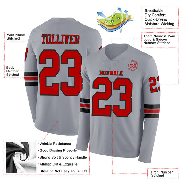 Custom Gray Red-Black Long Sleeve Authentic Football Jersey alternate