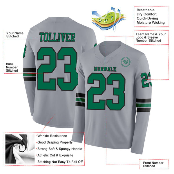Custom Gray Kelly Green-Black Long Sleeve Authentic Football Jersey alternate