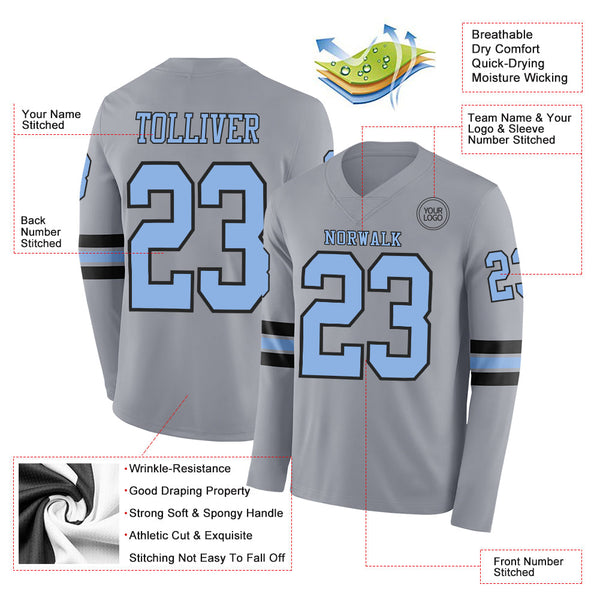 Custom Gray Light Blue-Black Long Sleeve Authentic Football Jersey alternate
