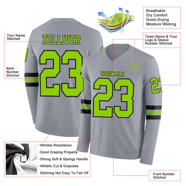 Custom Gray Neon Green-Black Long Sleeve Authentic Football Jersey alternate