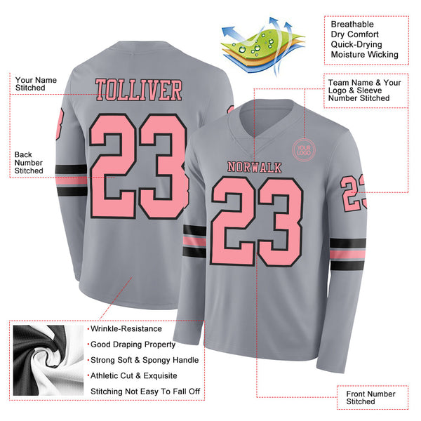 Custom Gray Medium Pink-Black Long Sleeve Authentic Football Jersey alternate